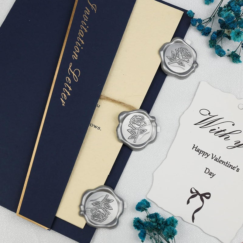 Pilloze 50 Pcs Silvery Wax Seal Stickers - Rose Style, Self Adhesive Wax Seal for Wedding Invitation, Easy Use Good Adhesion, Silvery Rose Envelope Stickers Perfect for Invitation or Seating Chart - Image 4